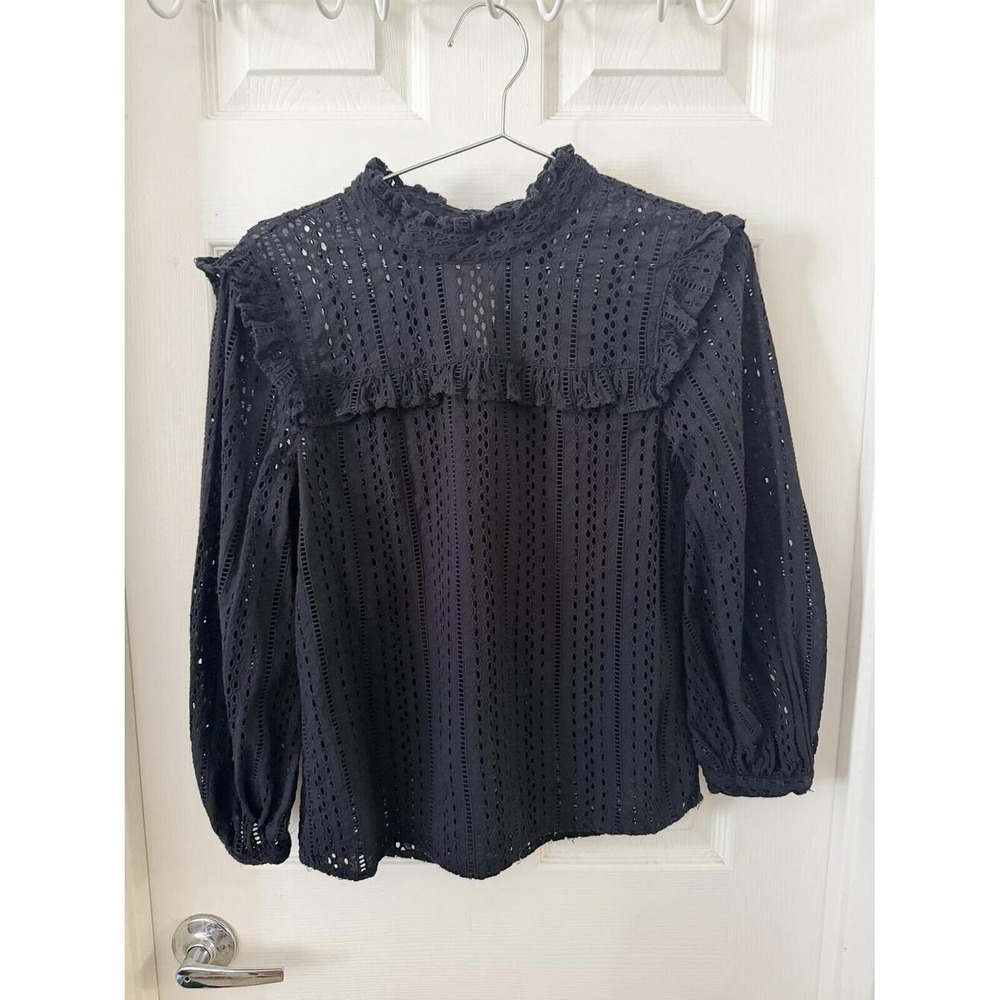 Madewell‎ Black Eyelet Ruffle Long Sleeve Blouse XXS